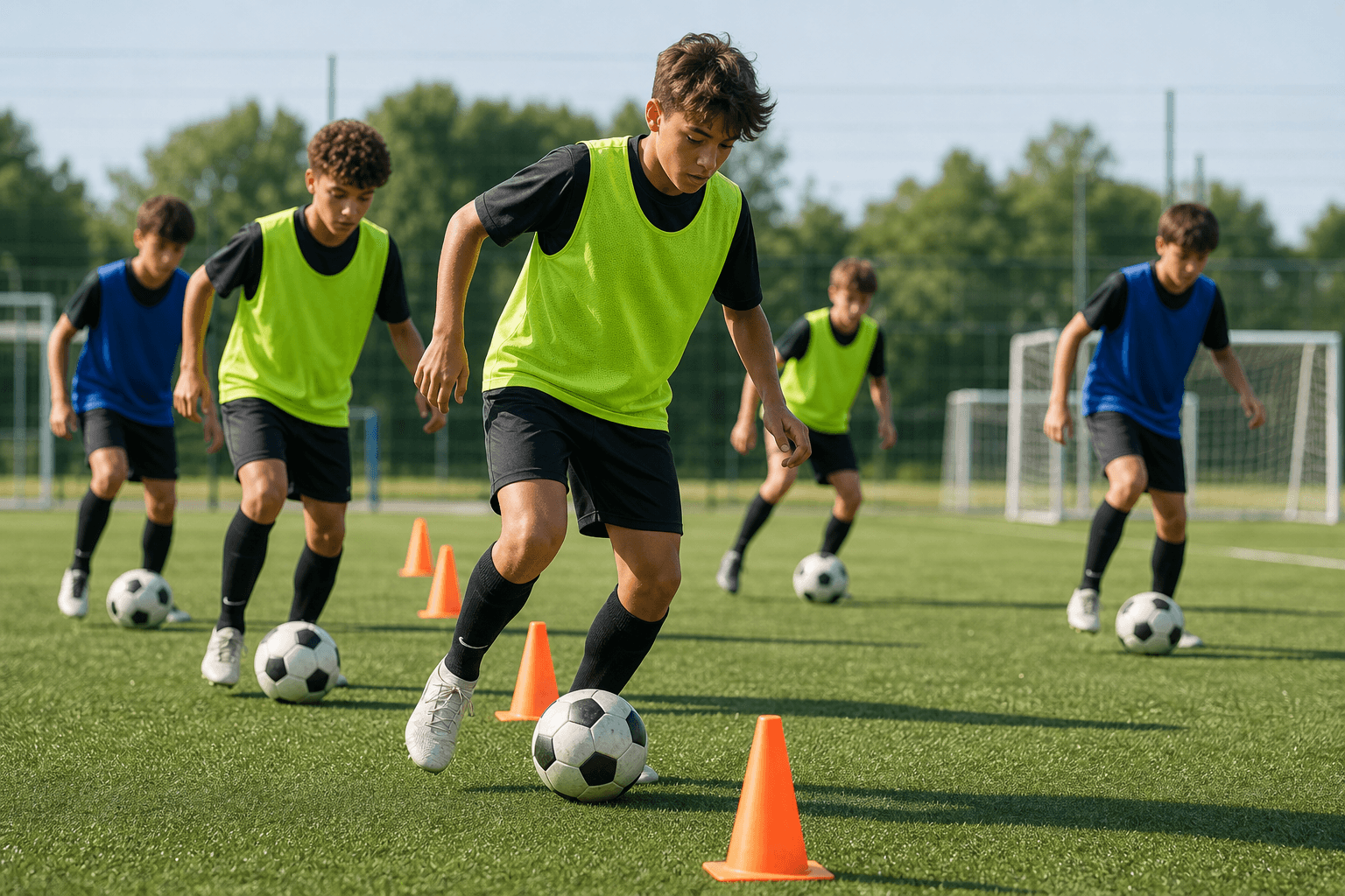 Youth academy players moving through cone dribbling drills on a football pitch