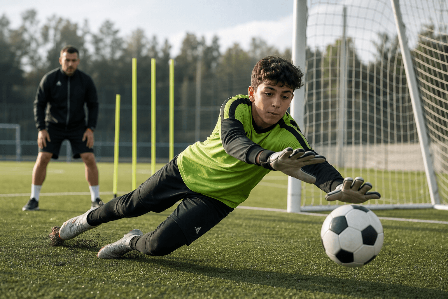 Young goalkeeper making a controlled diving save during academy training