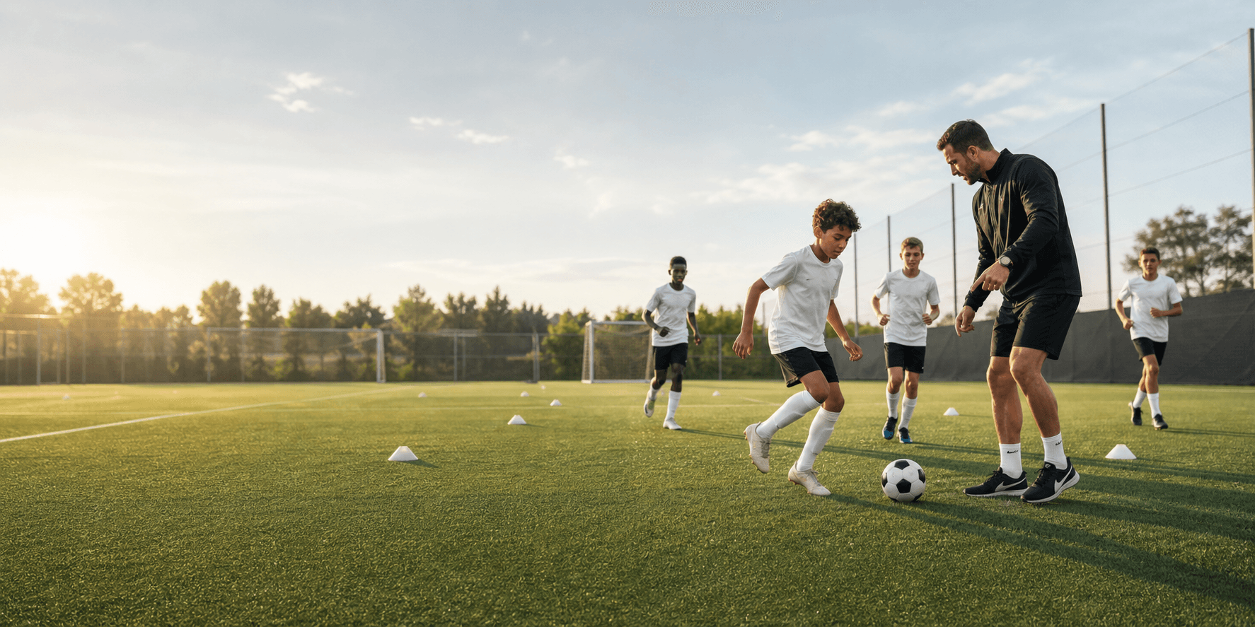 Modern Football Academy coach guiding youth players during a training drill